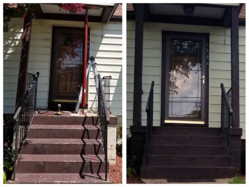 Before and After photo of pillars been replaced, porch concrete being restored and painted for a AAI client.