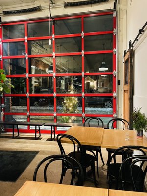 Coffee side interior seating / entry of an old fire station