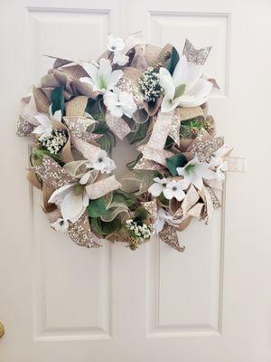 Burlap and white door wreath