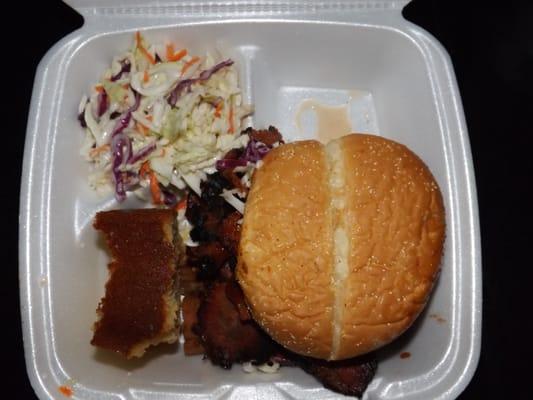 photo 2: inside of the box. They forgot my yams!!! $20 for a sandwich and 2 sides and they forget one of my sides!