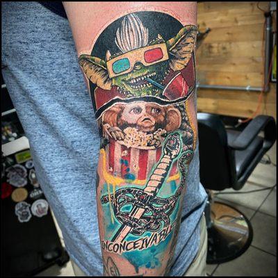 80's themed start to a sleeve. Gremlins/princess bride. Tattoo by Crystal Scott