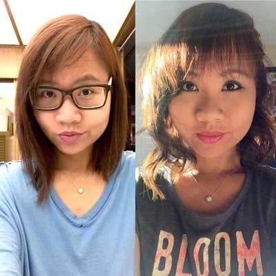 The cut was 12$ (left) and I went home and styled it (right). Hair stylist: Cassie