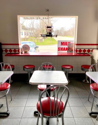 Nice small town view w fun stools!