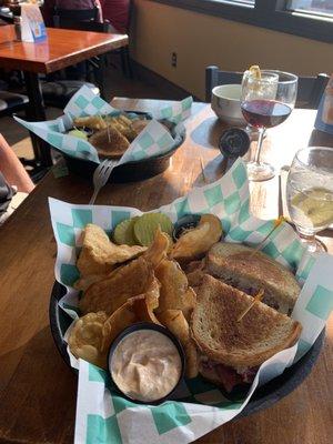 Reubens with homemade potato chips and southwest dipping sauce.