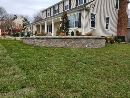 Techo-bloc Retaining wall and new front LANDSCAPE with sod. Basking Ridge NJ