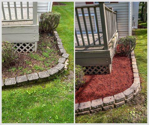 Pressure washed bricks, hand reset level, weeded, added new mulch