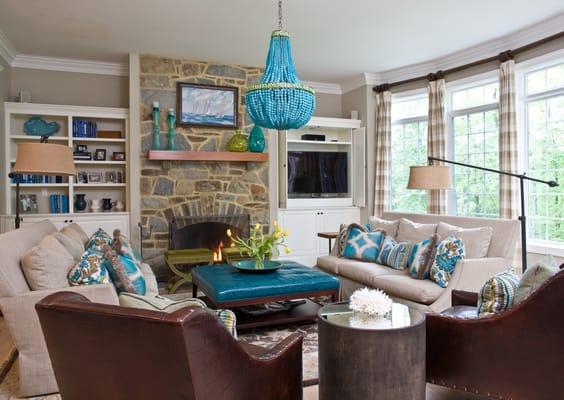 Inviting Family Room with Turquoise Accents