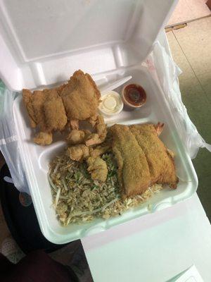 2 piece fish plus 6 fried shrimp with shrimp fried rice