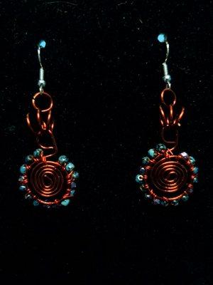 Maroon Wire Spiral Earrings with Blue Glass Beads