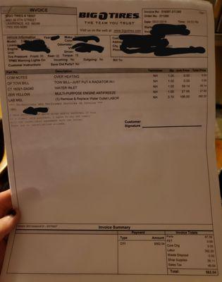 Invoice for a water inlet hose,  With over 3 hours of labor