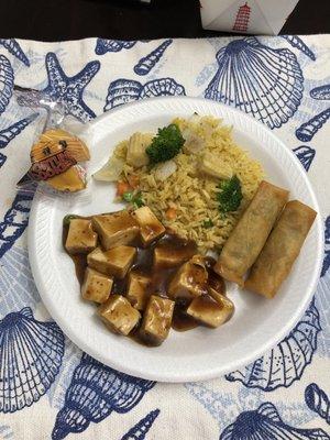 Ma Po Tofu, Spring Roll, vegetable fried rice.