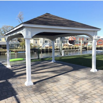 Pavilions. Custom sizes, wood or vinyl. Shingled, rubber or metal roofing. Installed.