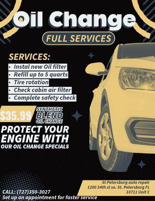 Get an oil change special starting at $35.99 for most vehicles, up to 5 quarts. Trust St. Pete Towing and Auto Repair for quality service!