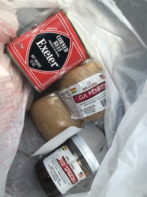 My purchases-kenkey, shitto, and corned beef.