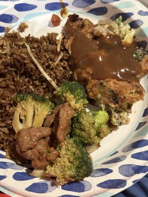 Beef and broccoli, chicken fried rice and egg foo young.