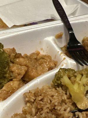 Orange chicken is over cooked plus the broccoli is too