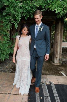 Trish wearing the Peony gown from our 2017 collection. Featuring a bateau neckline and cap sleeves, the Peony is the epitome of rustic chic.