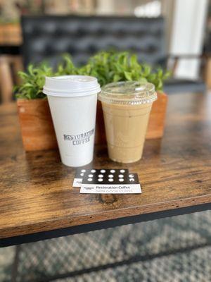 Cinnamon honey hot latte with oat milk -on the left  The "Rachel" (lavender vanilla iced latte with oat milk) - on the right