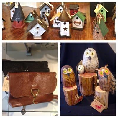 Birdhouse, buffalo leather purses, hadn craved wooden owls and birds