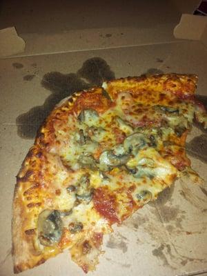 Mushroom and "pepperoni" pizza.  The red spots aren't pepperoni.  That's sauce - tasteless, flavorless sauce.  Ugh.