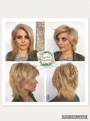 Before and after of a "mullet inspired" razor cut on this beautiful blonde.