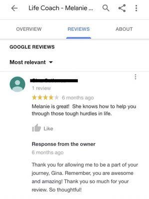 Review for Life Coach Melanie Mendoza.