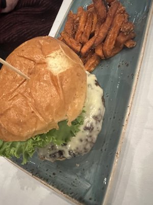 Landing burger with sweet potato fries