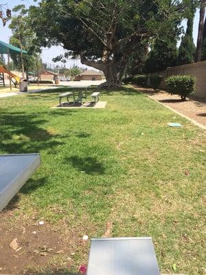 Only 2 benches and only one has shade.