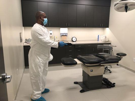 Electrostatic spraying and disinfecting of a medical facility after a patient tested positive for MRSA.