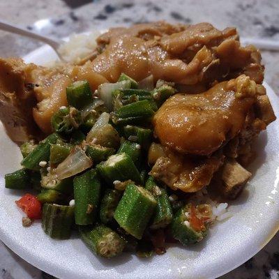 Pig feet with white rice and southern style okra