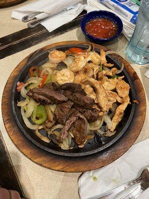 Steak, chicken, Shrimp fajitas. Delicious!