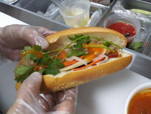 (NO LONGER AVAILABLE) Banh mi on french bread. Divine. $3.50. Get 2. Explosion of flavor.Paté. Real sauces. So good.