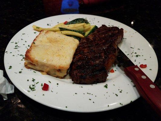 New York steak, potatoes and squash