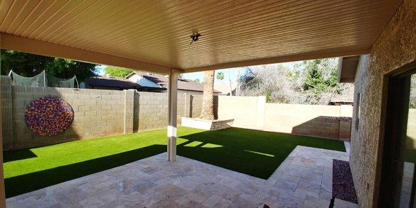 Pergola, travertine pavers, artificial turf