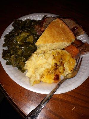 Greens, mac n cheese, cornbread, with roast.