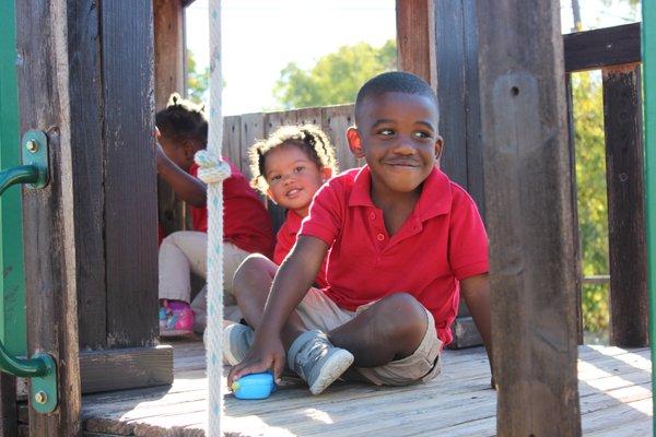 At Neighborhood Christian children enjoy plenty of healthy outdoor time on out playground to build coordination and strength.