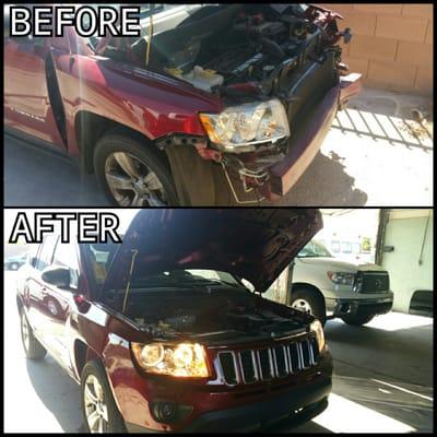 2011 Jeep Compass front-end collision. Before and After shots. Side-view.