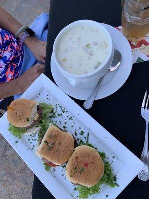 Beef sliders with bowl clam chowder soup