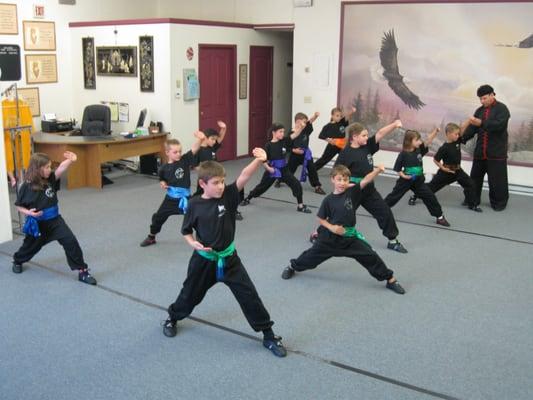 Sifu Pesotine instructing a kids class on blocking techniques.