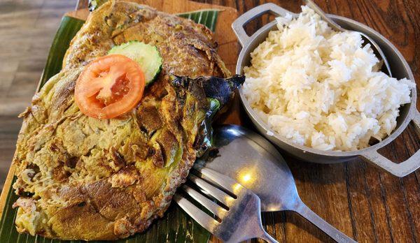 Tortang Talong (eggplant omelette) w/steamed rice ($12, 3/17/24)