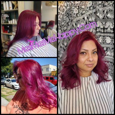 Before and after Customized magenta hair color, treatment, hair color and haircut. Your vision my creation. Consultations available