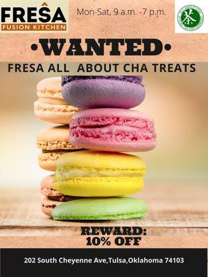 Delicious macaroons, tiramisu, cheese cakes, muffins, crepes, and waffles. Enjoy your day@Fresa All About Cha.