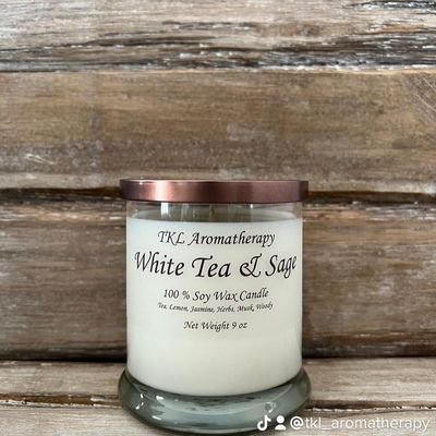 White Tea & Sage Soy Candles are a client favorite. Available in tea lights, 4 oz travel tin size, and 9 ounce glass vessels.