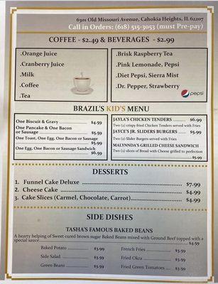 Beverage and  dessert menu