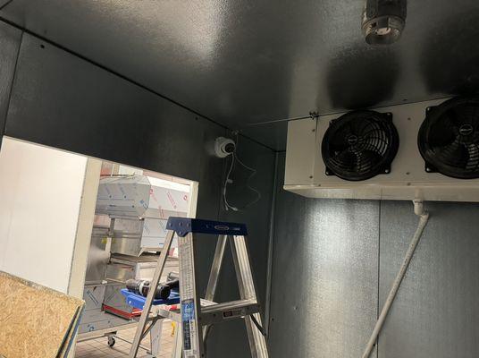 Enhancing Commerical Kitchen Security: 4K Cam Installation in progress for Walk-in Cooler call us