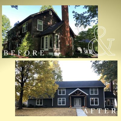 Before and after of roof, siding and window job