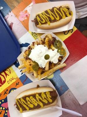 D-town coney on top, loaded fries and Detroit dog on bottom