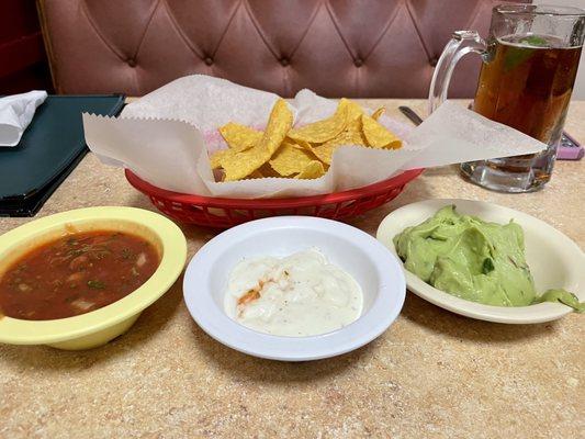 Salsa, white dip, and guacamole dip