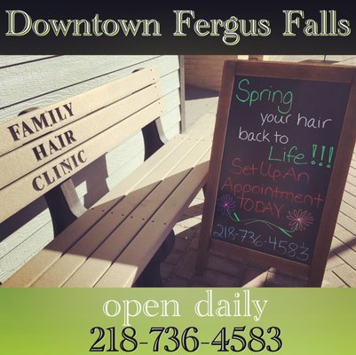 SPRING your hair back to LIFE! Located in Beautiful Downtown Fergus Falls, MN.  Call 218-736-4583 to set up your next appointment!