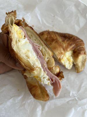 Ham, egg, and cheese on a croissant